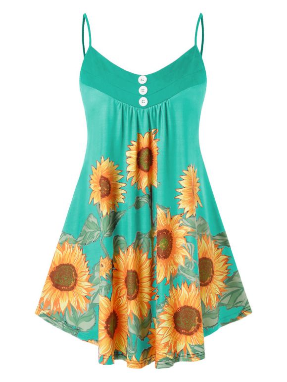 Débardeur à Bretelle Fine Boutonné Tournesol Imprimé Grande Taille - Vert Tortue de Mer 5X