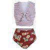 Striped Floral Knotted Two Piece Swimsuit - RED WINE S