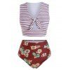 Maillot de Bain Noué Fleuri Rayé Deux Pièces - Rouge Vineux 2XL