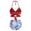 Maillot de Bain Bikini Croisé Ananas Fleur et Oiseau à Col Halter - Rouge S