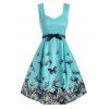 Butterfly Print Lace Insert Bowknot Sleeveless Dress - TURQUOISE 2XL