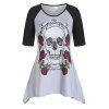 T-shirt Crâne et Rose Imprimées de Grande Taille à Manches Raglan - Nuage Gris 5X