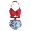 Flower Bird Pineapple Criss Cross Halter Tummy Control Bikini Swimwear - RED XL