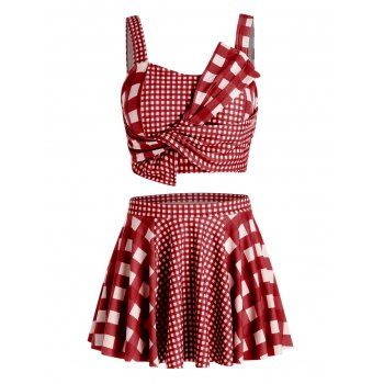 

Plus Size Plaid Pattern Asymmetric Tankini Swimsuit, Red wine