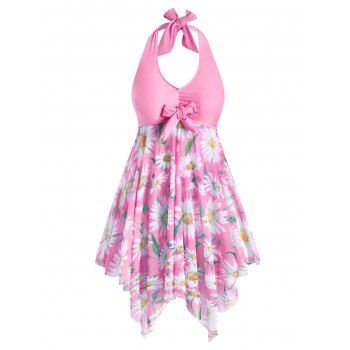 

Plus Size Halter Sunflower Print Handkerchief Tankini Swimsuit, Light pink