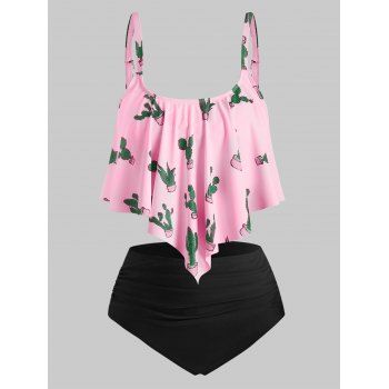 

Plus Size Cactus Print Overlay Tankini Swimsuit, Light pink
