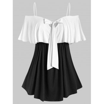 

Plus Size Bowknot Ruffled Colorblock T Shirt, White