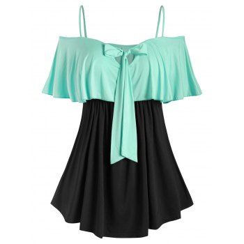 

Plus Size Bowknot Ruffled Colorblock T Shirt, Medium turquoise
