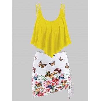 

Plus Size Ruffled Butterfly Floral Print Three Piece Swimwear, Sun yellow