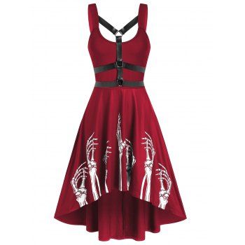 

Skeleton Print Harness Insert High Low Dress, Red wine