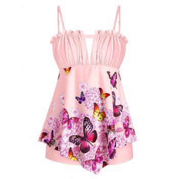 

Plus Size Butterfly Print Frilled Trim Padded Tankini Swimwear, Pink