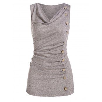 

Mock Button Ruched Cowl Neck Tank Top, Tan
