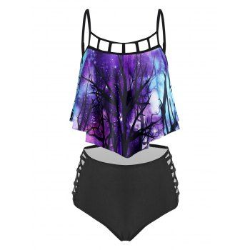 

Galaxy Tree Print Criss-cross Tankini Swimwear, Dark violet