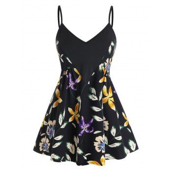 Plus Size Flower Leaf Print Backless Cami Tank Top, Black
