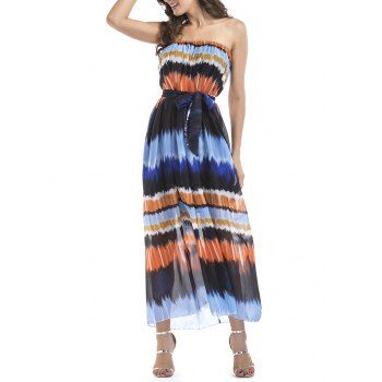 

Chiffon Printed Bandeau Long Belted Dress, Sky blue