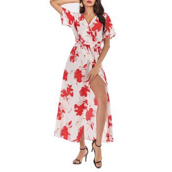 

Overlap Belted Floral Surplice Maxi Dress, White