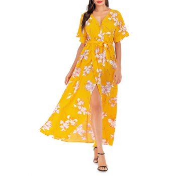 

Overlap Belted Floral Surplice Maxi Dress, Bright yellow