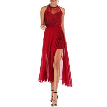 

Lace Panel Chiffon Sheer Picot Trim Midi Slit Dress, Cherry red