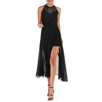 

Lace Panel Chiffon Sheer Picot Trim Midi Slit Dress, Black