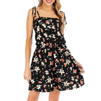 

Mock Buttons Tie Shoulder Floral Mini Dress, Black