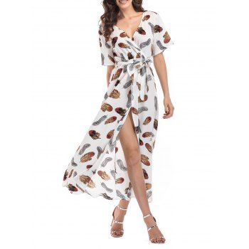 

Feather Print Belted Surplice Slit Dress, White
