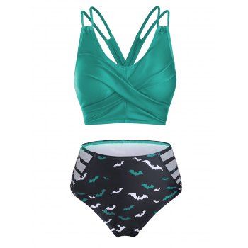 

Gothic Bikini Swimwear Bat Print High Waist Swimsuit Lace-up Crossover Cut Out Two Piece Bathing Suit, Turquoise