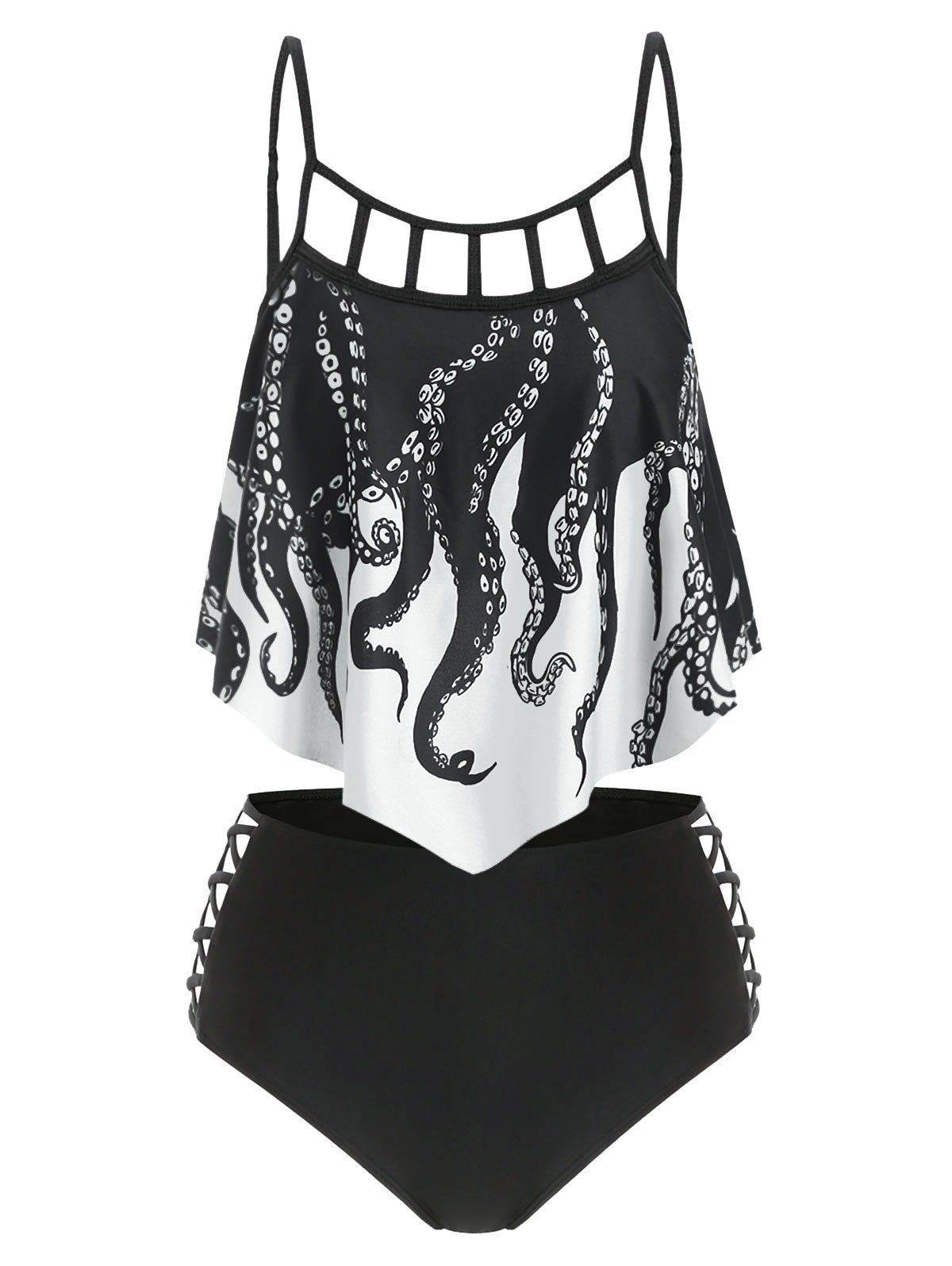 Tummy Control Swimsuit Gothic Bathing Suit Octopus Print Cut Out Crisscross Summer Beach Tankini Swimwear - WHITE S