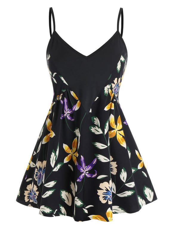 Débardeur à Bretelle Feuille Fleur Imprimées sans Dos de Grande Taille - Noir 5X