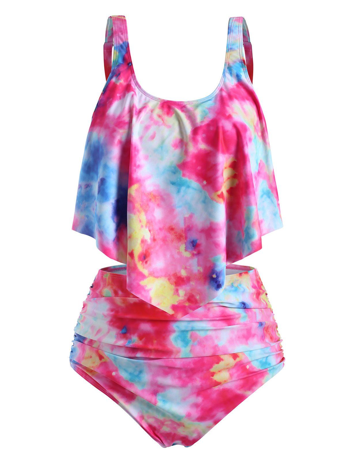 

Plus Size Ruffled Tie Dye Ruched Tankini Swimsuit, Multi-i