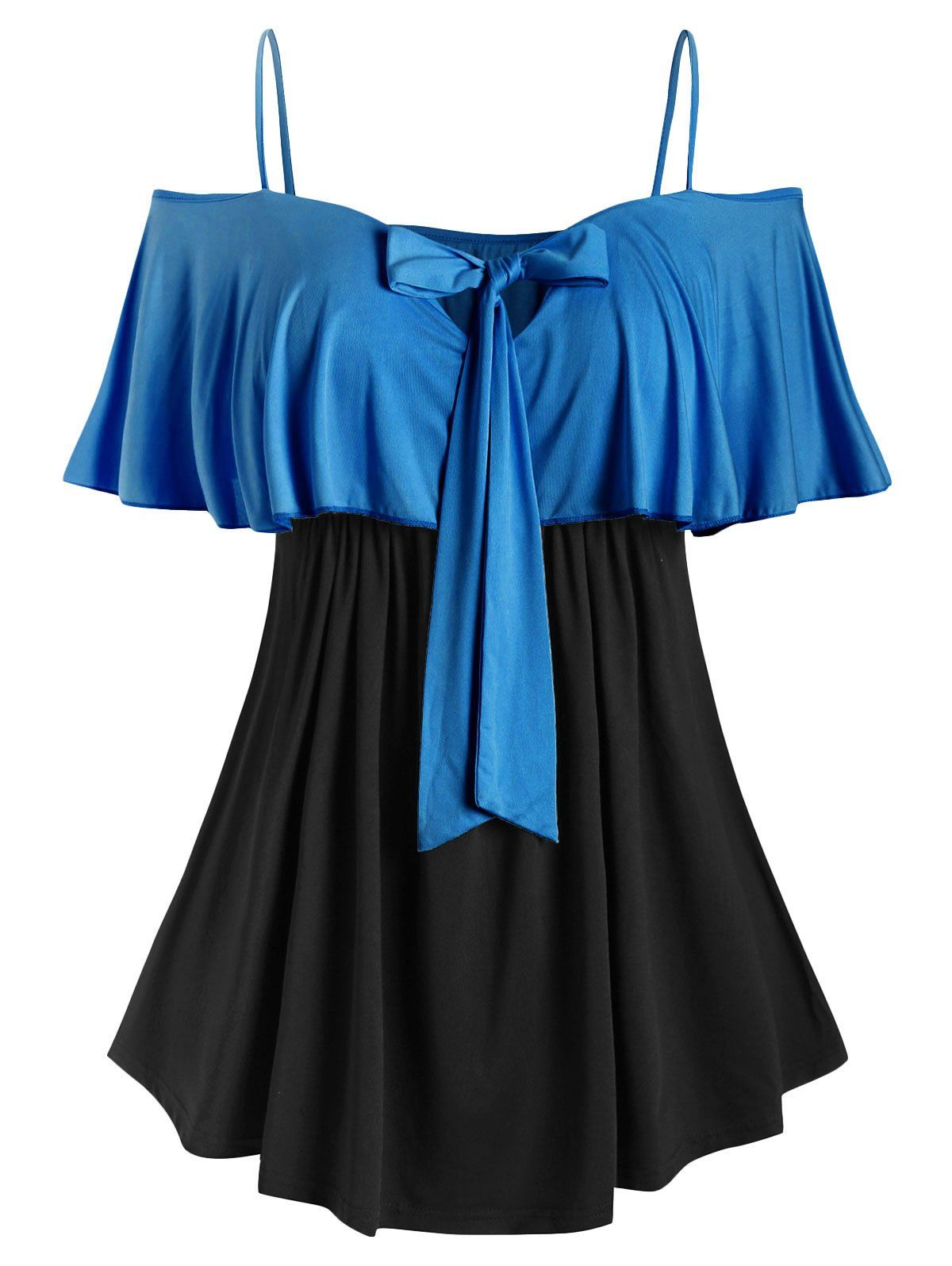 

Plus Size Bowknot Ruffled Colorblock T Shirt, Blue