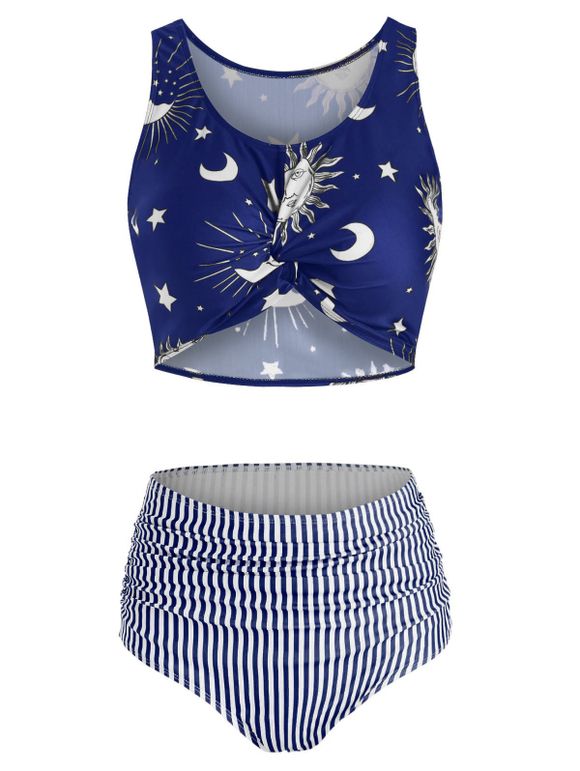 Maillot de Bain Bikini Tordu en Avant Lune Etoile et Soleil Imprimés - Bleu Myrtille S
