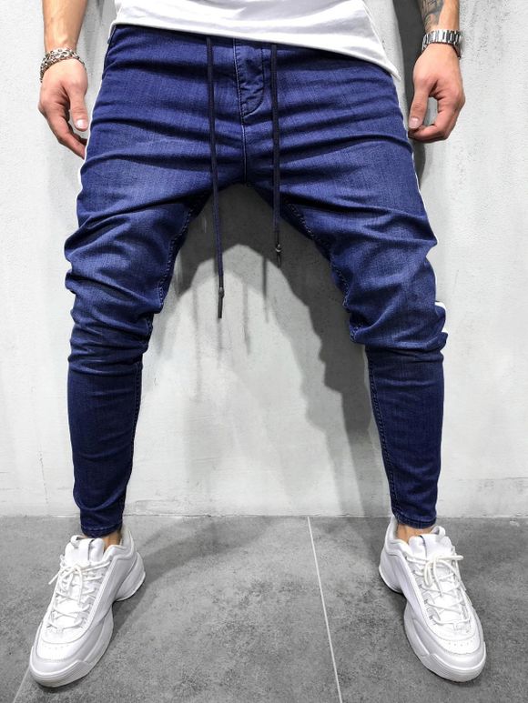 Pantalon Décontracté en Couleur Jointive Design à Cordon - Bleu Foncé Toile de Jean L