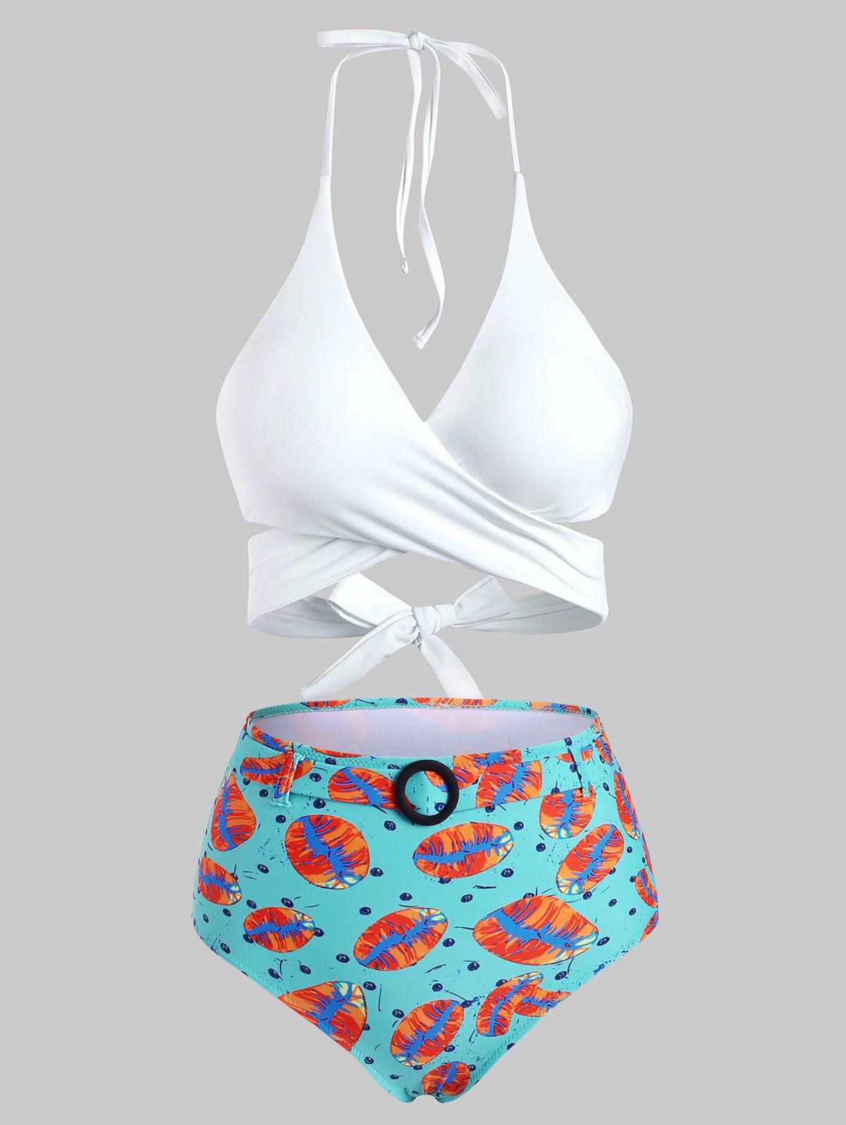 Halter Lip Print Ring Wrap Bikini Swimwear - TURQUOISE M