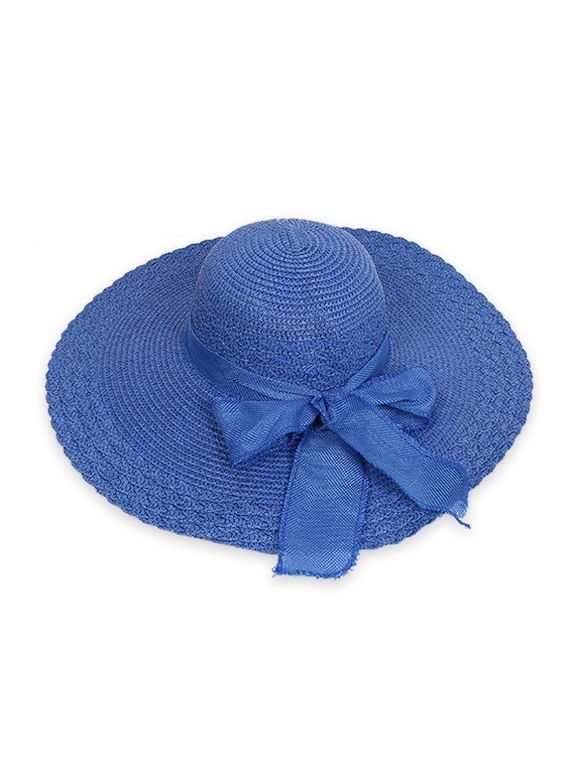 Chapeau de Soleil à Ourlet Large avec Nœud Papillon en Paille - Bleu Myrtille 