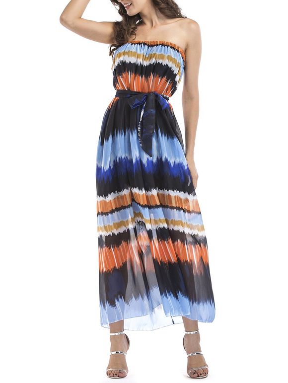 Robe Longue Ceinturée Imprimée en Mousseline de Soie - Bleu Ciel 3XL