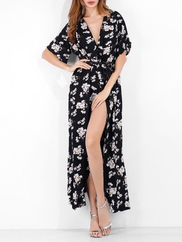 Bohemian Summer Floral Dress Surplice High Slit Belted Long Flowy Maxi Overlap Casual Dress - BLACK XL