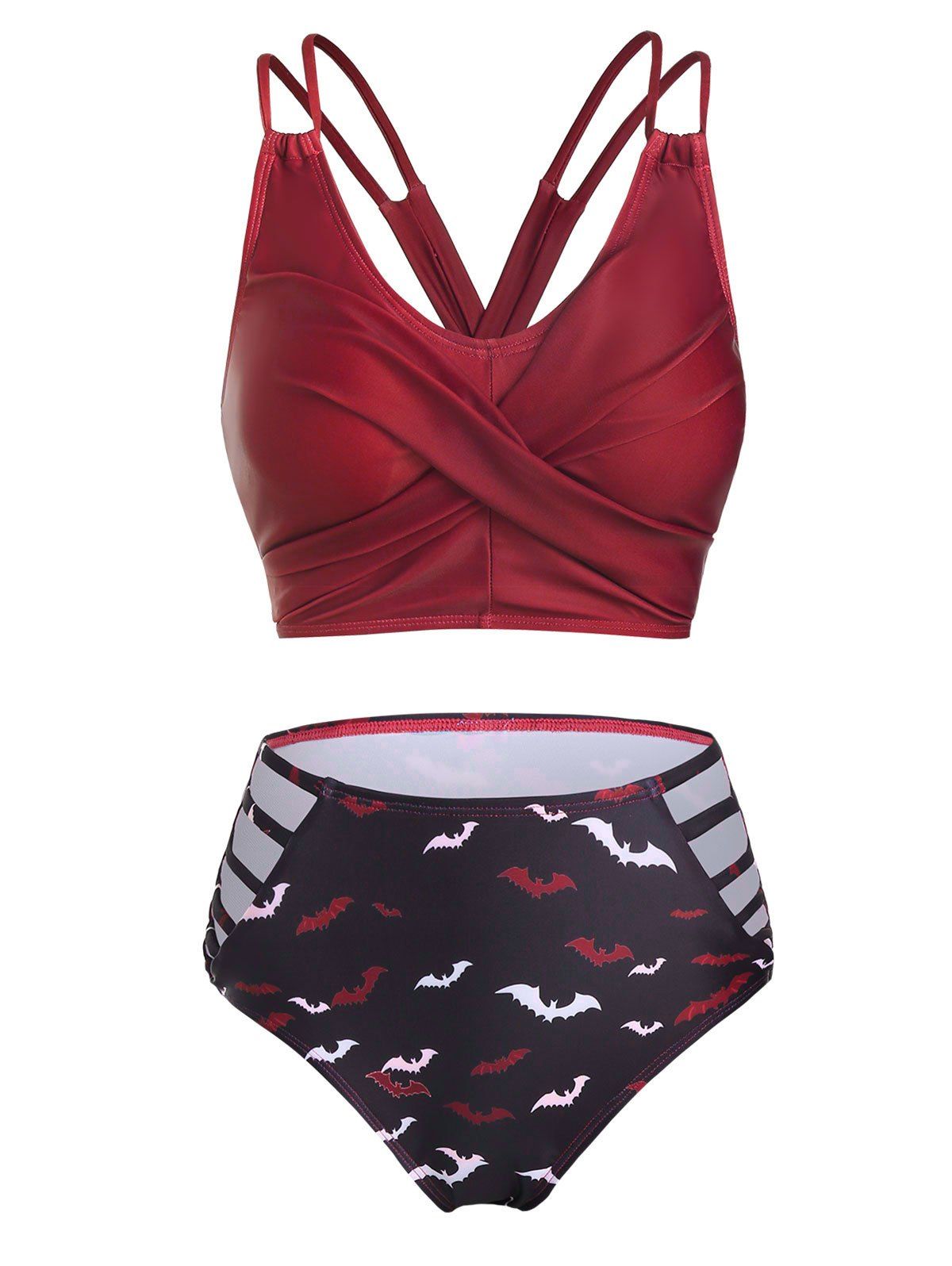 Gothic Bikini Swimwear Bat Print High Waist Swimsuit Lace-up Crossover Cut Out Two Piece Bathing Suit - RED WINE M