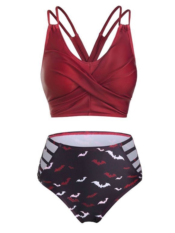 Maillot de Bain Bikini Gothique Croisé à Imprimé Chauve-souris à Lacets à Taille Haute en Deux Pièces - Rouge Vineux S