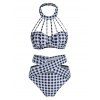 Maillot de Bain Tankini Croisé à Carreaux Imprimé à Bretelle à Col Halter - Noir M