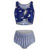 Maillot de Bain Bikini Tordu en Avant Lune Etoile et Soleil Imprimés - Bleu Myrtille S