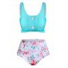 Maillot de Bain Tankini Fleuri Imprimé avec Bouton à Volants - Turquoise Moyenne L