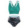 Gothic Bikini Swimwear Bat Print High Waist Swimsuit Lace-up Crossover Cut Out Two Piece Bathing Suit - RED WINE M