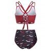 Maillot de Bain Bikini Gothique Croisé à Imprimé Chauve-souris à Lacets à Taille Haute en Deux Pièces - Rouge Vineux M