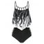Maillot de Bain Tankini Croisé Gainant Découpé à Imprimé Pieuvre en Treillis à Volants de Plage - Blanc L