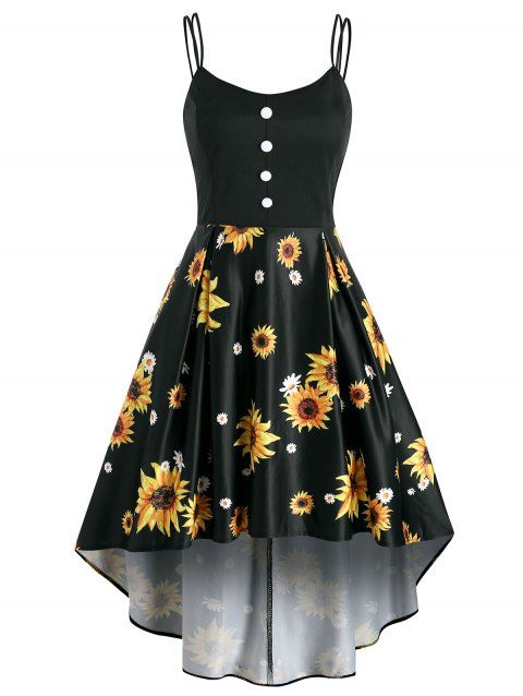 Mock Button Sunflower Print High Low Dress