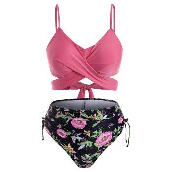 

Crossover Plant Print Cinched Ruched Plus Size Bikini Swimsuit, Violet red