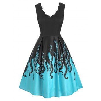 Image of Octopus Print Scalloped V Neck Sleeveless Dress