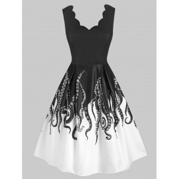 

Octopus Print Scalloped V Neck Sleeveless Dress, White
