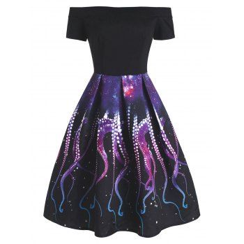 

Octopus Galaxy Print Off Shoulder Party Dress, Multicolor