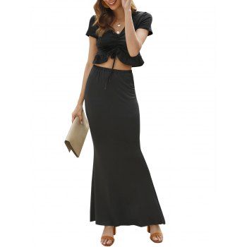 

Ruffle Hem Cinched Crop Top and Maxi Skirt, Black